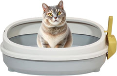 Cat litter tray with Deep basin box, Splash-proof, and Semi-enclosed toilet for Kittens to Adult cats, 50 cm Durable plastic tray with Scoop, Detachable design, easy to clean and Stable base (Grey