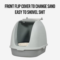 Fully-enclosed cat litter box with Portable handel, Flip cover entrance, Litter scoop, and Detachable design, Durable plastic cat toilet, Ideal for indoor/outdoor use, Easy to clean 38 cm