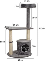 Cat tree activity center with Curved perch, Sisal scratching post, and Cozy cat condo, Durable cat tree tower for indoor cats, Multi-functional feline tower, Easy assembly 102 cm (Grey)