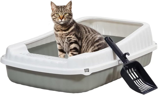 Semi-enclosed Cat litter box for Large-sized cats, Odor control plastic cat toilet with Litter scoop, Grid design, Lightweight, and Raised fence, Detachable for easy cleaning, 59 cm