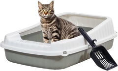 Semi-enclosed Cat litter box for Large-sized cats, Odor control plastic cat toilet with Litter scoop, Grid design, Lightweight, and Raised fence, Detachable for easy cleaning, 59 cm