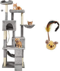 Multi-level cat tree tower with Electric mouse toy, Plush perches, Cozy hammock, Sisal scratching post, Double cat condos, and Climbing ladder, Ideal for indoor cats & kittens, 182 cm (Grey)