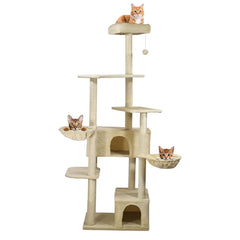 Cat Tree Indoor - 190cm Cat Tower House with Padded Perch - Cat Scratching Post with Double Perches - Cozy Cat Condos & Dangling ball - Ideal for Indoor Cats and Kittens (Beige)
