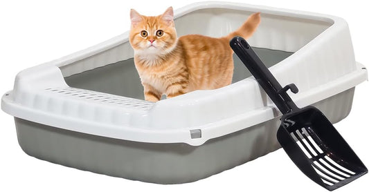 Semi-enclosed Cat litter box for Medium-sized cats, Odor control plastic cat toilet with Litter scoop, Grid design, Lightweight, and Raised fence, Detachable for easy cleaning, 49 cm