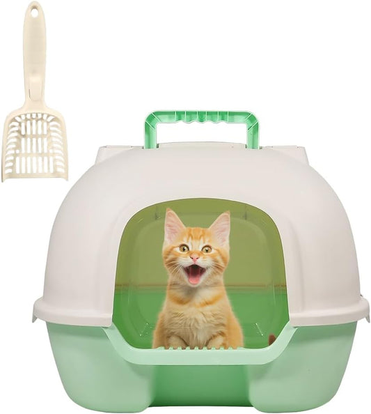 Cat litter box with Portable handle, Deodorant filter, Transparent door, Sand drop pedal, and Litter scoop, Fully enclosed cat toilet for indoor cats & kittens, Easy to clean 51 cm (Green)