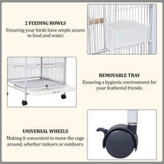 Bird Cage - Bird House & Villa - Parrot Cage for Small to Medium-Sized Birds – 87 cm Durable Metal Birdcage with Wooden Standing Perch, Feeding Cups, Slide-Out Tray, and Universal Wheels
