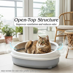 Cat litter tray with Deep basin box, Splash-proof, and Semi-enclosed toilet for Kittens to Adult cats, 50 cm Durable plastic tray with Scoop, Detachable design, easy to clean and Stable base (Grey