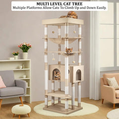 Tall Cat Tree Tower with Large Top Perch - Dangling Ball, Cozy Hammocks, Cat Scratching Posts and Durable Cat Condo - 195 cm Cat Activity Center for Climbing & Playing (Khaki)