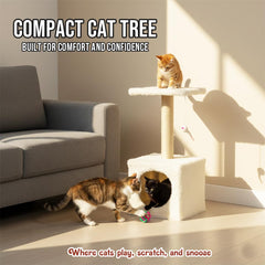 Modern cat tower with Hideaway cave and Hanging ball, Space saving design, Easy to fix and Portable, 59 cm Cat activity tree with Scratching pole, Protect furniture for Indoor cats and kittens