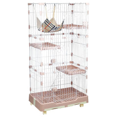 NNC PETS 3-Tier Cat Cage Indoor- Large Metal Wire Cat Crate Kennel with 3 Lockable Doors - Cozy Hammock, Climbing Ladder - Drawer Tray & Universal wheels, Easy Assembly, 145 cm (Pink, Large)