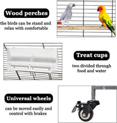 Bird cage for Medium to Large-sized birds, Durable house-roof design bird cage with Wooden perches, Feeding cups, Slide-out tray, Storage shelf, and Universal wheels 167 cm (Grey)