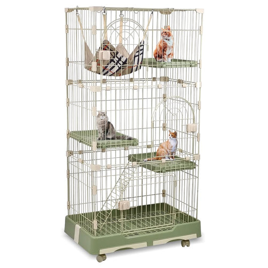 NNC PETS 3-Tier Cat Cage Indoor - Large Metal Cat Crate Kennel with 3 Lockable Doors - Cozy Hammock & Wide Platforms - Climbing Ladder, Drawer Tray & Universal Wheels, 146cm(Green, Large)