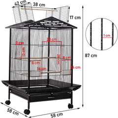 Bird Cage - Bird House & Villa - Parrot Cage for Small to Medium-Sized Birds – 87 cm Durable Metal Birdcage with Wooden Standing Perch, Feeding Cups, Slide-Out Tray, and Universal Wheels