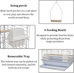 Bird cage for Budgies, Lovebirds, Finches, and Other small birds, Spacious and durable bird cage with Portable handle, Multiple perches, Feeding cups, and Removable tray 79 cm (White)