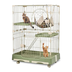 NNC PETS 2-Tier Cat Cage Indoor - Metal Wire Cat Crate Playpen Kennel with 2 Lockable Doors, Climbing ladder, Removable Tray &b Universal Wheels - Easy Assembly, 102 cm(Green, Medium)