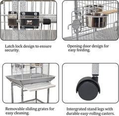 Large bird cage for Parrots, Macaws, Parakeets, and Other birds, Heavy-duty metal bird cage with Open-top area, Food bowls, Slide-out tray, Storage shelf, and Universal wheels 146 cm (Grey)