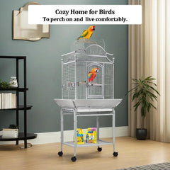 Large bird cage for Parrots, Macaws, Parakeets, and Other birds, Heavy-duty metal bird cage with Open-top area, Food bowls, Slide-out tray, Storage shelf, and Universal wheels 146 cm (Grey)