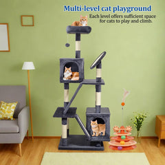 Cat Tree for Big Cats - 160 cm Multi-level Cat Tower with Spacious Resting Area, Cat Turntable Toy, Dangling Ball & Sisal Scratching Post, Easy to Assemble (Ash Grey, Large)