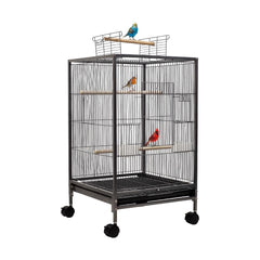 Bird cage with Open-top design, Wooden perches, Food bowls, Removable tray, and Universal wheels, Durable wrought iron bird cage for Lovebirds, Canaries, and Budgies, Easy assembly, 79 cm (Black)
