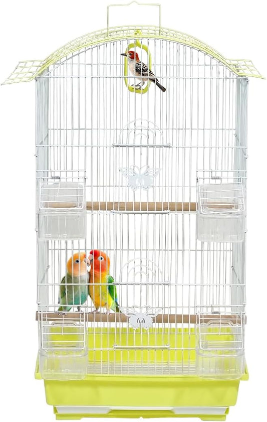 Small Bird Cage with Perches, Feeders and Swing, Ideal for Parakeets, Lovebirds, and Small Parrots, 62 cm Metal Cage with Hanging, Pull-out Tray, Portable, Durable and Top-Roof Design (Yellow)