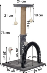 Cat tree scratcher with Perch, Hanging toys, Natural sisal scratching post, Punching toy, and Arch self-grooming brush, Cat climbing tower for indoor cats, Easy to assemble 76 cm (Grey)