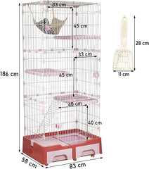 Large Cat Cage - Multi-level Cat House with Hammock, Plastic Perches, Climbing ladder, Litter Box Area and Universal wheels, 4-Tier Metal Pet Cage for Indoor Cats & Kittens 186 cm (Pink)
