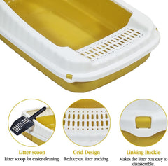 Semi-enclosed Cat litter box for Large-sized cats, Odor control plastic cat toilet with Litter scoop, Grid design, Lightweight, and Raised fence, Detachable for easy cleaning, 59 cm