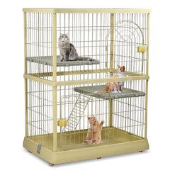 Cat cage for indoor & outdoor, Durable 2-tier metal wire cat cage with 2 lockable doors, Wide platforms, Climbing ladder, and Universal wheels, Suitable for Multi-cat household 120 cm (Yellow)