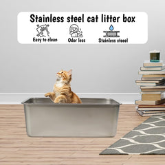 Stainless steel cat litter box with Carrying handle, Smooth edges, and Litter scoop, Rust & Stain resistant cat toilet for Large cats, Ideal for indoor/outdoor use, Easy to clean