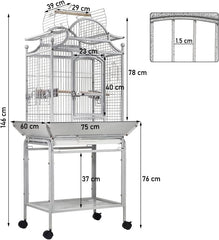 Large bird cage for Parrots, Macaws, Parakeets, and Other birds, Heavy-duty metal bird cage with Open-top area, Food bowls, Slide-out tray, Storage shelf, and Universal wheels 146 cm (Grey)