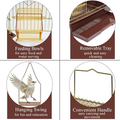 Golden bird cage with Removable tray, Food container and Perches, 104 cm Metal bird house for small to medium birds, Portable cage with Swing, Convenient Handle and Indoor-Outdoor Cage