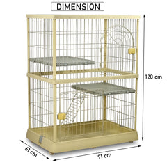 Cat cage for indoor & outdoor, Durable 2-tier metal wire cat cage with 2 lockable doors, Wide platforms, Climbing ladder, and Universal wheels, Suitable for Multi-cat household 120 cm (Yellow)