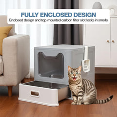 Enclosed stainless steel cat litter box with Lid, Drawer design, Litter scoop, Durable PS material, and Odor control filter, Ideal for Small to Large cats, Easy to clean, 50 cm
