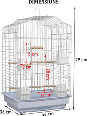 Bird cage for Budgies, Lovebirds, Finches, and Other small birds, Spacious and durable bird cage with Portable handle, Multiple perches, Feeding cups, and Removable tray 79 cm (White)