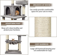 Cat tree for indoor cats, Multi-level cat climbing frame with Double perches, Dangling ball, Sisal scratching post, Cozy cat condo, and Large hammock, Easy to assemble 163 cm (Grey)