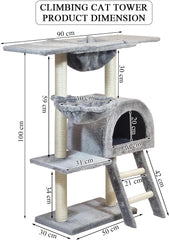 Cat tree with Wide top platform, Hammock, and Natural sisal scratching posts, Cat tower with Multilevel, Cozy Condo, and Climbing ladder, Soft plush material and 100 cm Protect furniture