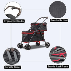 Cat Stroller | Dog Stroller with Adjustable Canopy & Spacious Interior | Pet Stroller for Dog & Cats | Lightweight, Foldable, Storage Bag & Universal Wheels | Travel & Outdoor(Midnight Black)