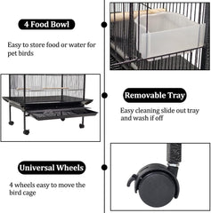 Bird cage open -top standing bird with removable tray, Multiple feeding bowls and, Perches,Wrought Iron bird cage for Lovebird, Cockatiel, and small sized birds 95cm (Black)