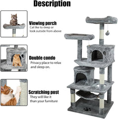 Cat tree tower with Multiple perches, Dangling balls, Sisal scratching post, Spacious cat condos, and Cozy hammock, Multi-level cat tree activity center for indoor cats, Easy assembly 143 cm (Grey)