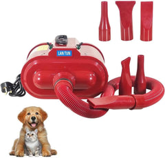 Dog Grooming - Pet Grooming Hair Dryer Vacuum Kit - Dog Hair Dryer, Blower - 240V Powerful with Adjustable Speed & Heat, Low - 3 Nozzles - Portable Handle - ABS Material (Red)