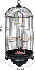Metal Bird Cage with Durable, Hanging Hook, Feeders and Play Toy, 70 cm Spacious Indoor Bird House For Parrots, Budgies and Small Birds, Portable and Easy to Carry for Outdoor Activity (Black)