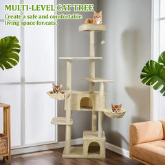 Cat Tree Indoor - 190cm Cat Tower House with Padded Perch - Cat Scratching Post with Double Perches - Cozy Cat Condos & Dangling ball - Ideal for Indoor Cats and Kittens (Beige)