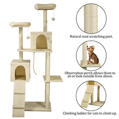 Cat Tree for Big Cats with Top Soft Plush | Paw Shape Perch & Hammock, Multi-level Cat Tower with Cozy Condo | Fun Ladder & Scratching Posts | Indoor Cat Tower House (Beige, 180 cm)