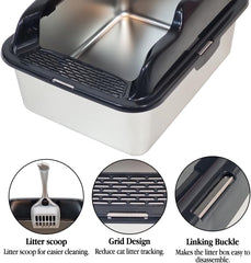 Stainless steel cat litter box with Scoop, Anti-splash design, Grid design, Non-stick, and Odor resistant, Open top kitty toilet for Indoor cats & kittens, Easy to clean
