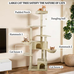 Cat Tree Indoor - 190cm Cat Tower House with Padded Perch - Cat Scratching Post with Double Perches - Cozy Cat Condos & Dangling ball - Ideal for Indoor Cats and Kittens (Beige)