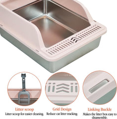 Semi-enclosed stainless steel cat litter box with a Litter scoop, Grid design, and High wall side cover, Durable litter box for Indoor cats, Detachable design for easy cleaning, 50 cm