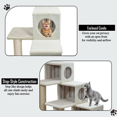 Cat tree with Step design, Soft plush cover, Cat condo and Scratching posts, 96 cm Multi-level cat tower for Indoor cats, Cat climbing furniture and Space saving cat tree (Beige)