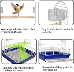 Bird stand for small to medium-sized birds, Interactive bird playground with Wooden perch, Plastic feeding cups, Climbing ladder, and Slide-out tray, Ideal for indoor and outdoor 46 cm (Blue)