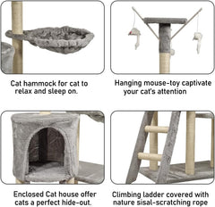 Multi-level cat tree tower for Indoor cats & Kittens, Sturdy activity center with Hanging toys, Sisal scratching post, Cozy Hammock, Plush Condo and Ladder, Easy assembly, 136 cm