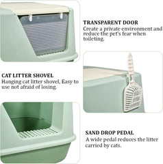 Enclosed cat litter box for Indoor cats & kittens, Durable plastic cat litter box with Transparent door, Litter scoop, and Sand drop pedal, Splash-resistant cat toilet, Easy to clean 65 cm